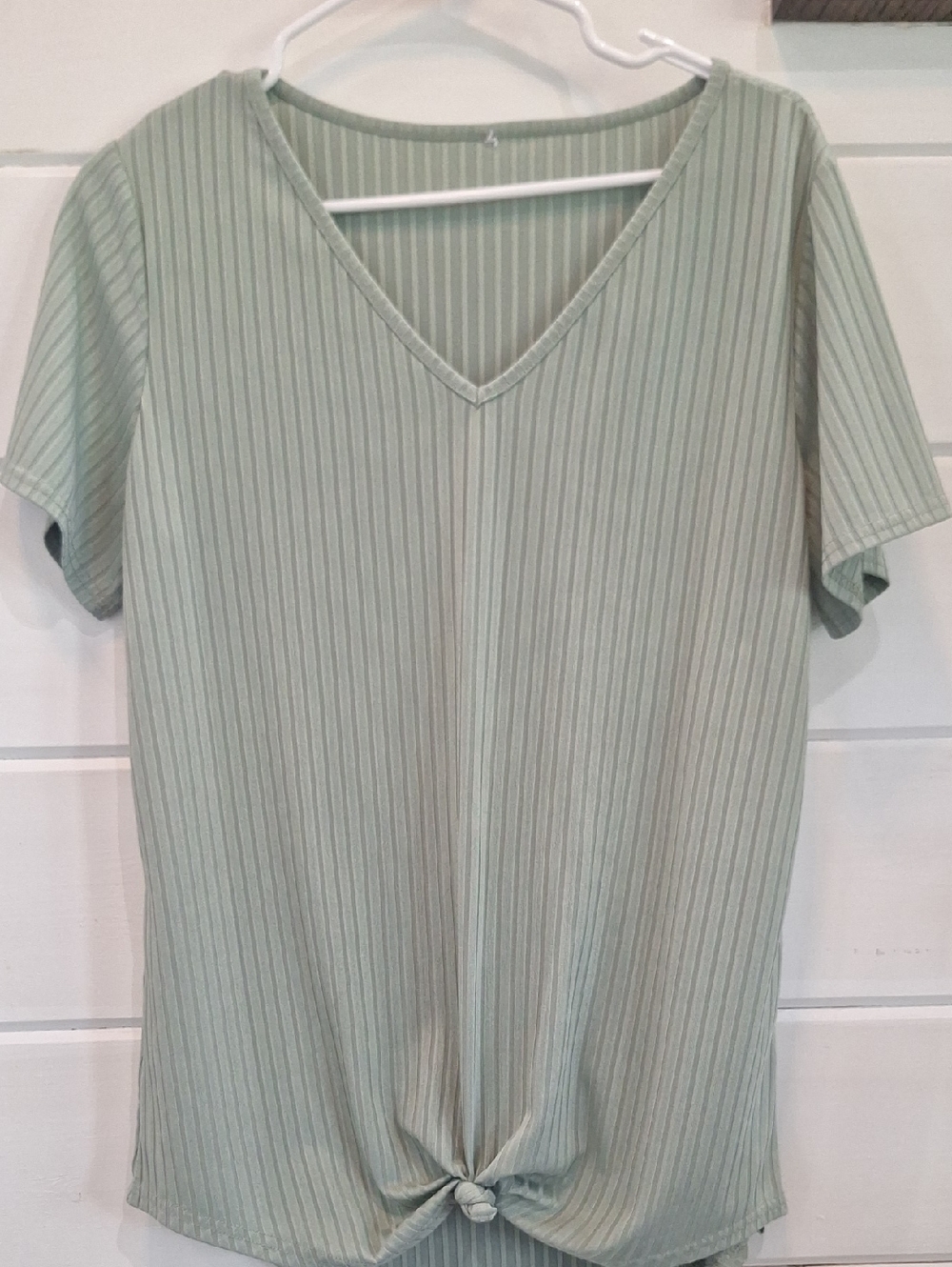 Women's Ribbed V-Neck Knot Front Top - Sage Green